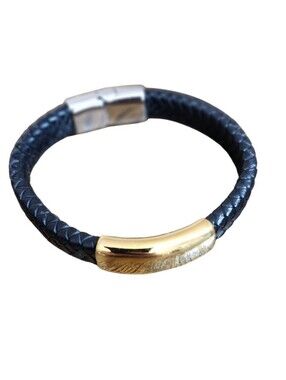 Dolce & Gabbana Black Braided Leather Bracelet Gold-Plated Logo Bar Unisex Small